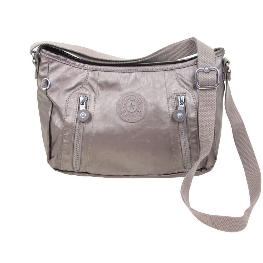 KIPLING COATED SILVER GRAY NYLON CANVAS STRAP SHOULDER BAG XBODY HANDBAG PURSE